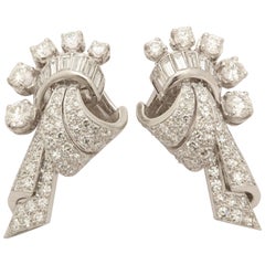 1940s French Drape Design Baguette with Round Diamonds Platinum Earclips