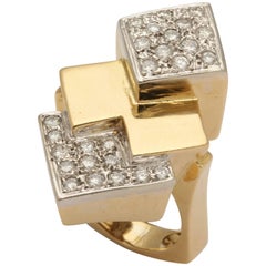 Vintage 1960s High Style Geometric Shaped Diamond and Gold Large Cocktail Ring