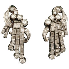 1950s Flexible Cascade Mixed Cut Diamonds Fringe Platinum Clip on Earrings