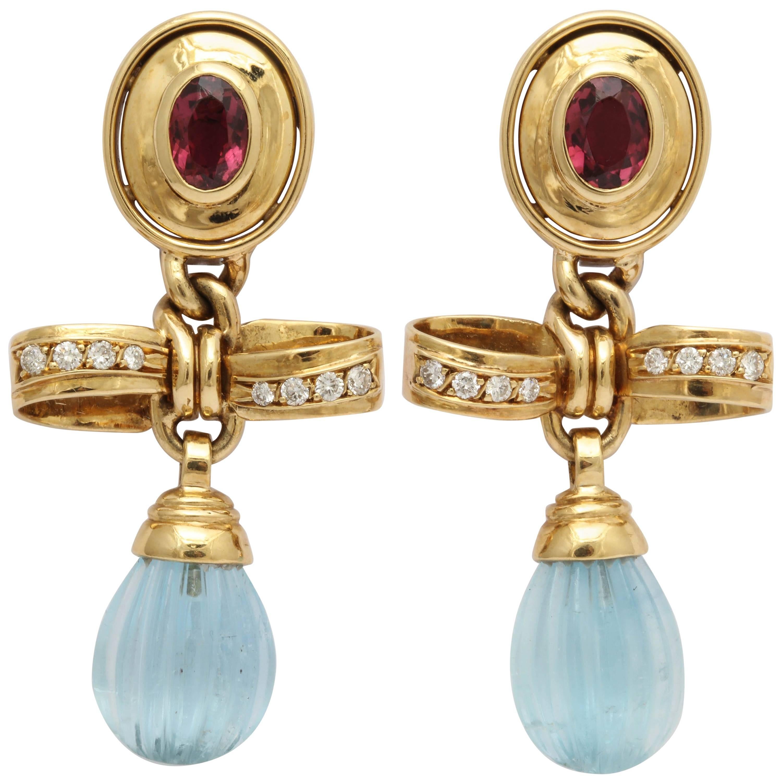 1980s Fluted Aquamarine Faceted Pink Tourmaline Diamond Gold Earrings
