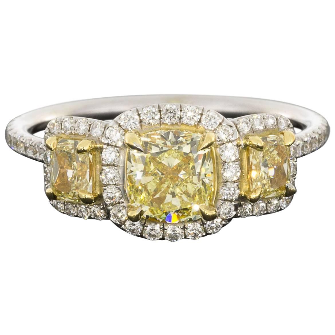 Fancy Yellow GIA Certified Cushion Diamond Halo Three-Stone Engagement Ring