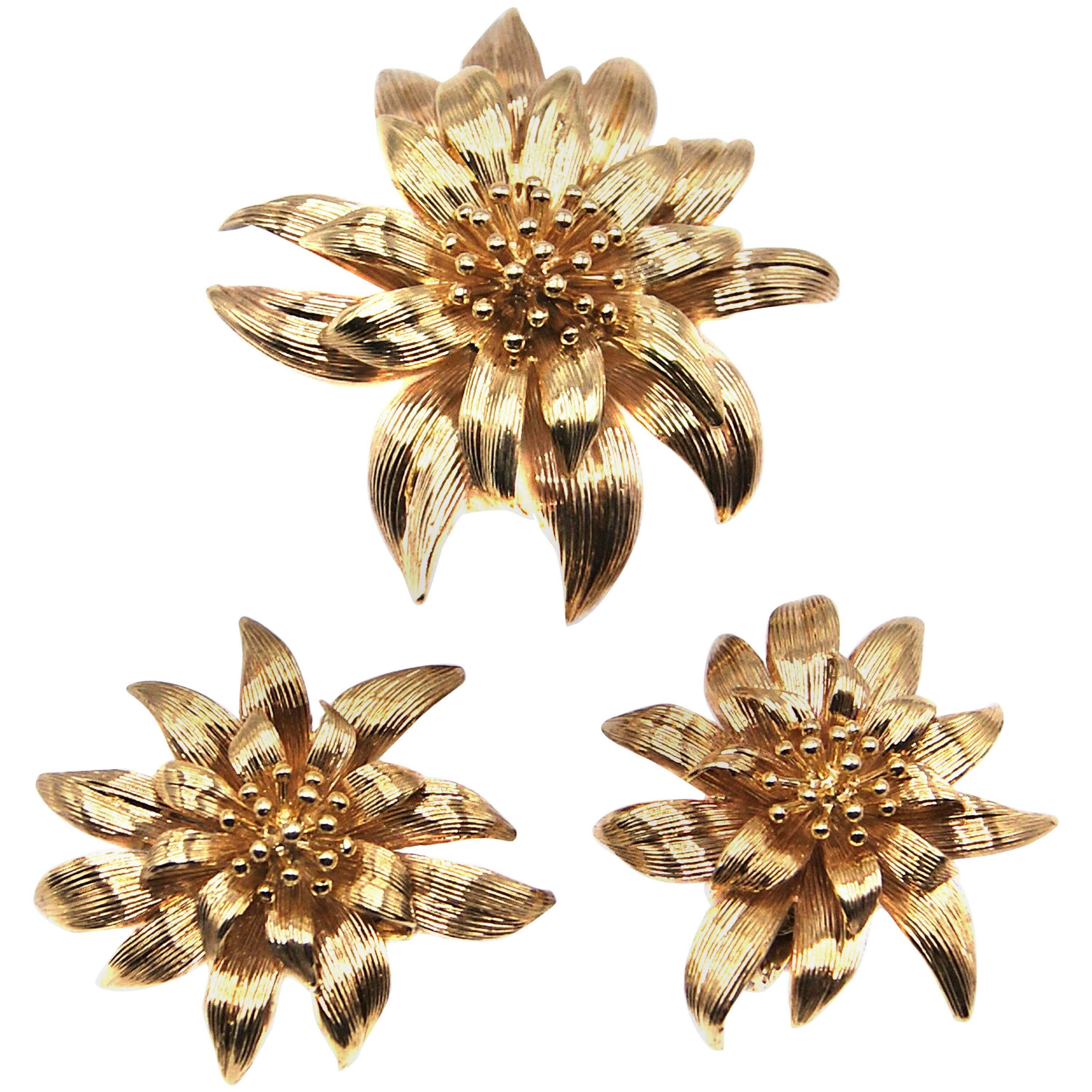 Floral Yellow Gold Brooch Ear Clips Set