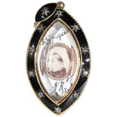 Queen Victoria Portrait Black Enamel Diamond Gold Memorial Pendant