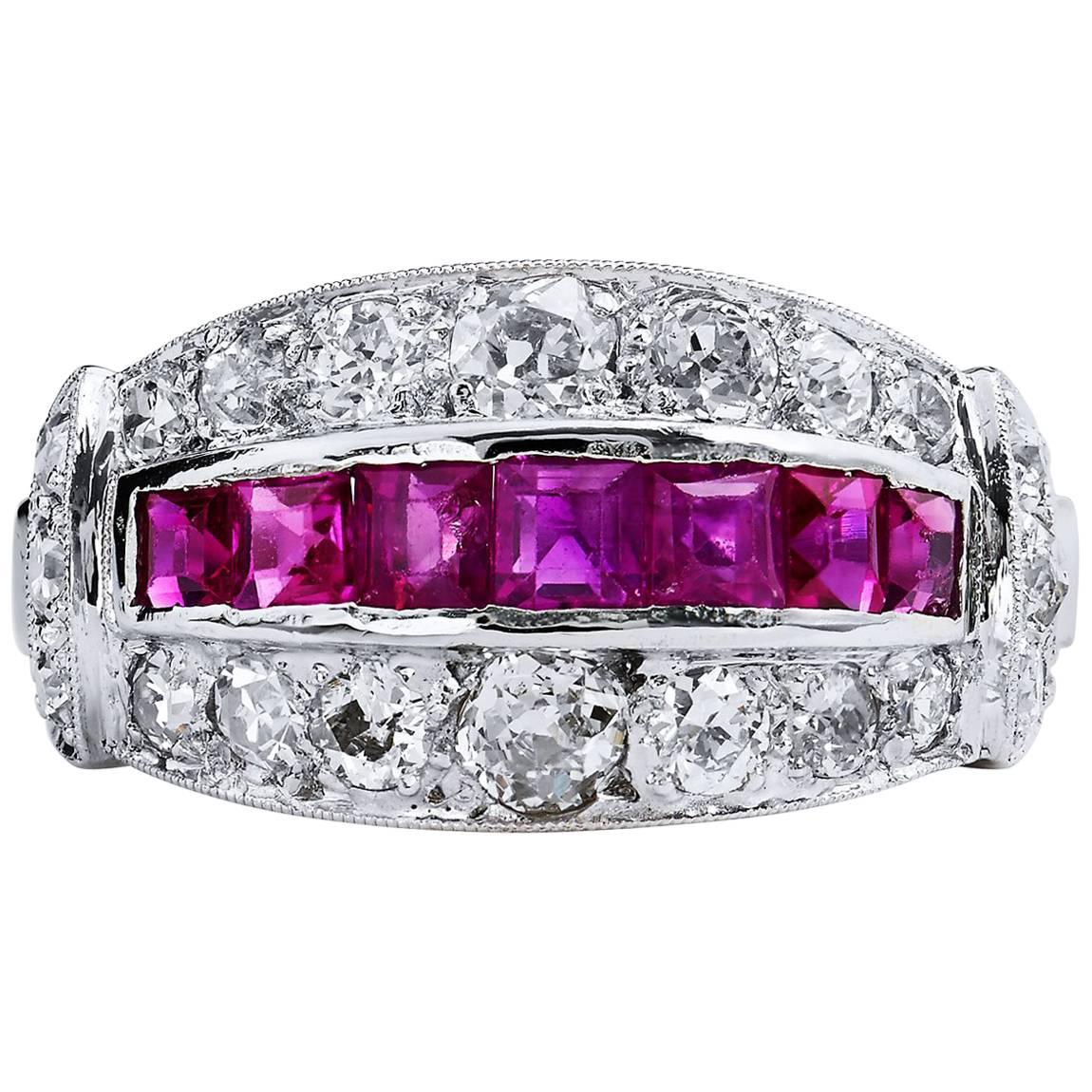 Estate Art Deco Old Mine & European Cut Ruby & Diamond Pave Set Platinum Ring 6