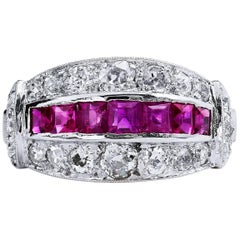 Vintage Estate Art Deco Old Mine & European Cut Ruby & Diamond Pave Set Platinum Ring 6