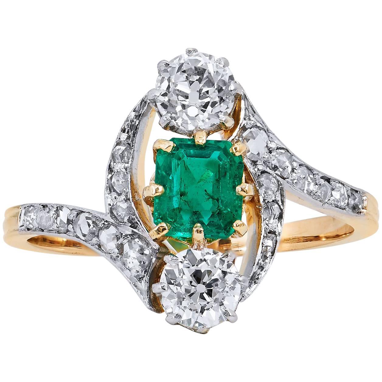 Art Deco Estate Emerald Diamond 3 Stone with Pave Gold Platinum Bypass Ring