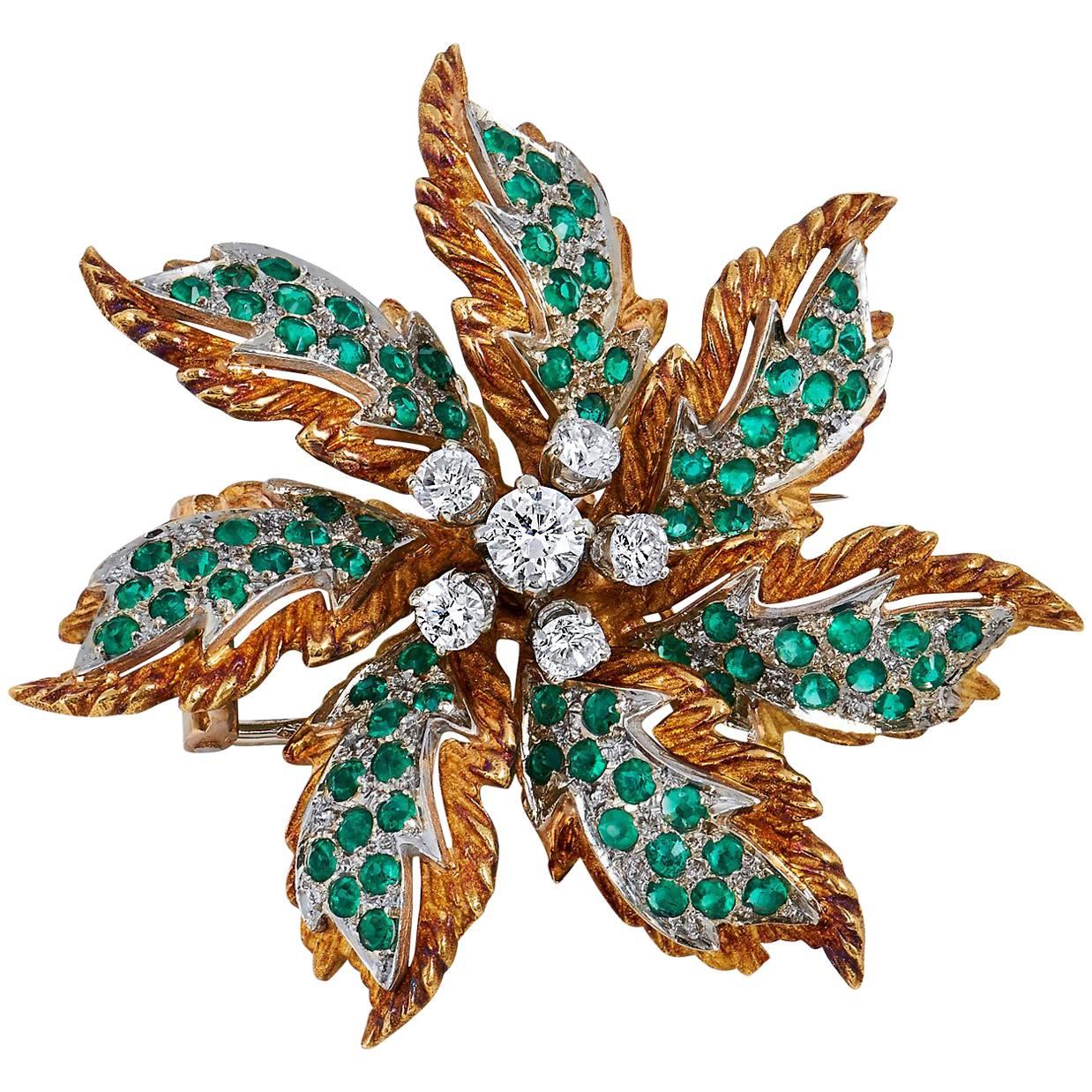 Emerald Diamond white and yellow gold Brooch