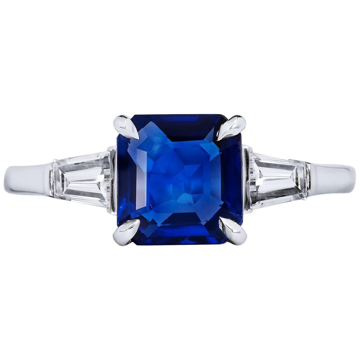 Estate GIA 2.00 Carat Square Cut Blue Sapphire Diamond Platinum Ring 6.5