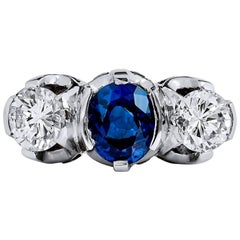 1.13 Carat Violet Blue Sapphire and Diamond Three Stone Ring