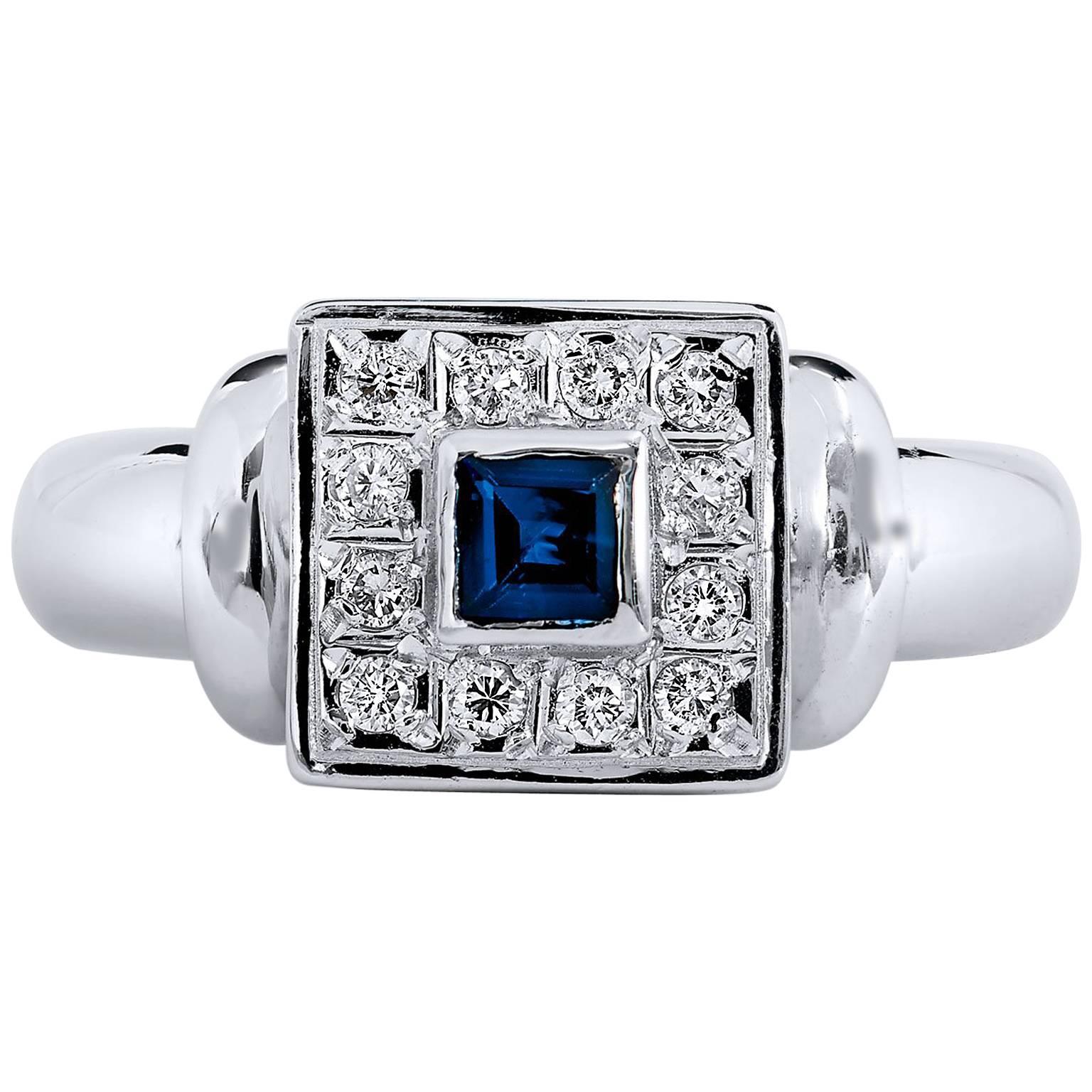 Princess Cut Blue Sapphire Diamond Pave white gold Ring