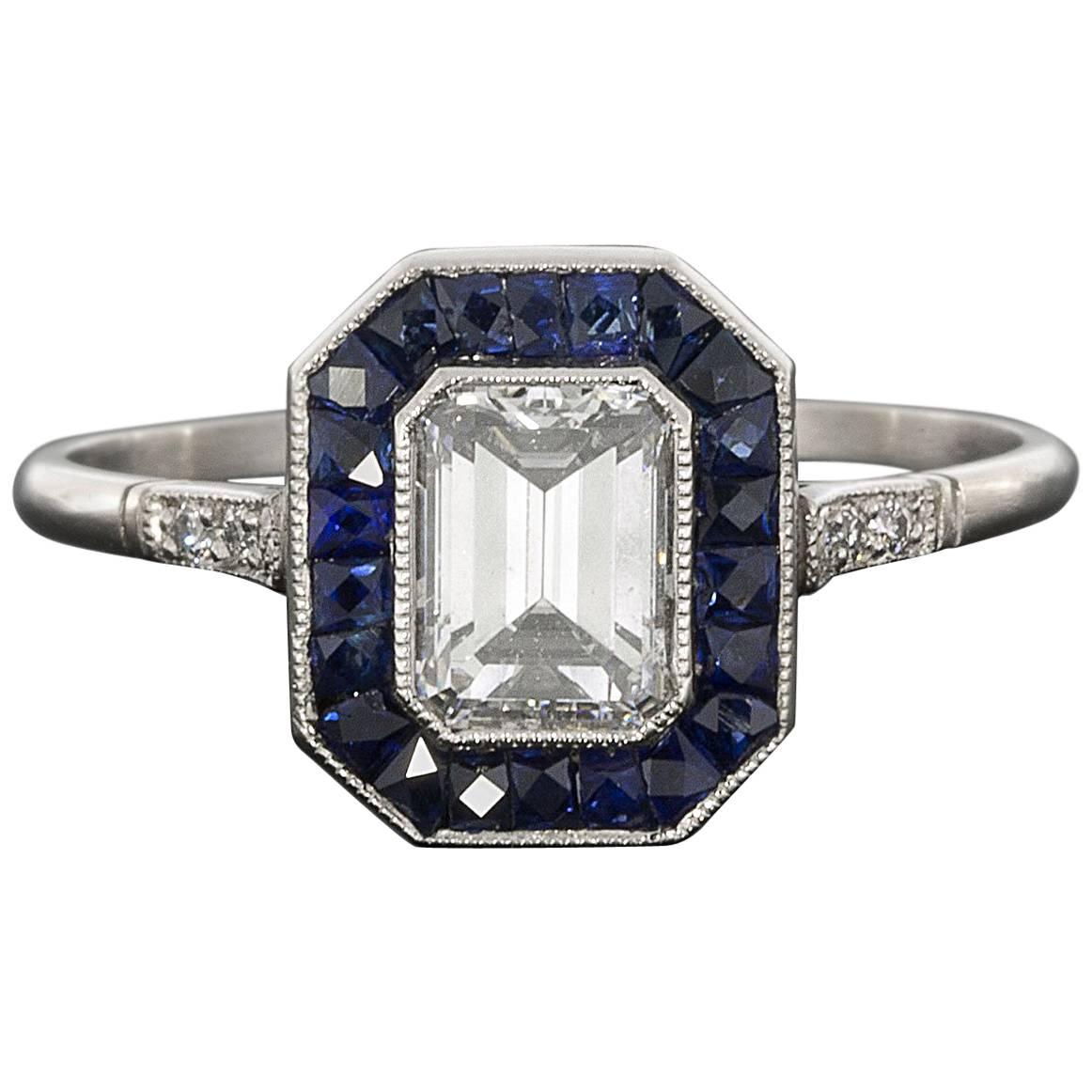 Sapphire Emerald Cut Diamond Platinum Halo Engagement Ring