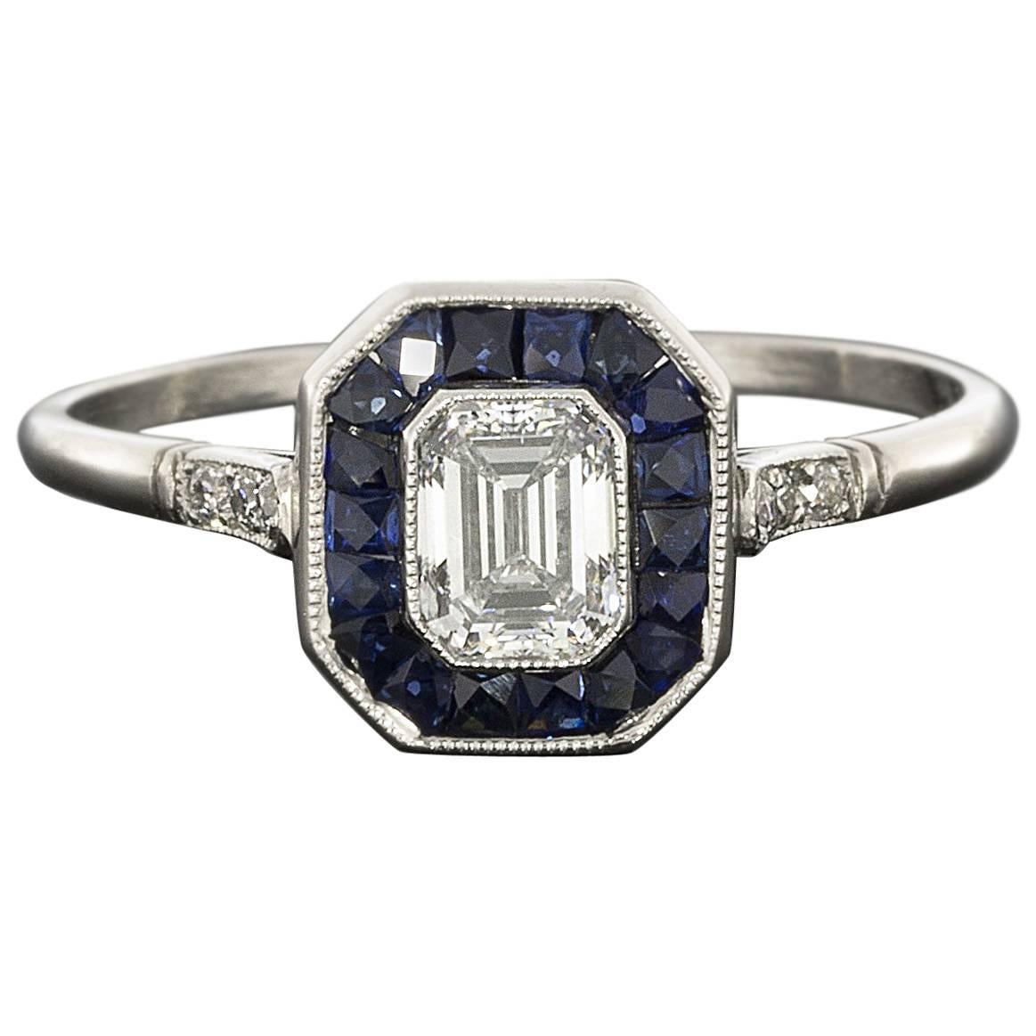 Emerald Cut Diamond Sapphire Platinum Halo Engagement Ring For Sale