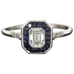 Emerald Cut Diamond Sapphire Platinum Halo Engagement Ring