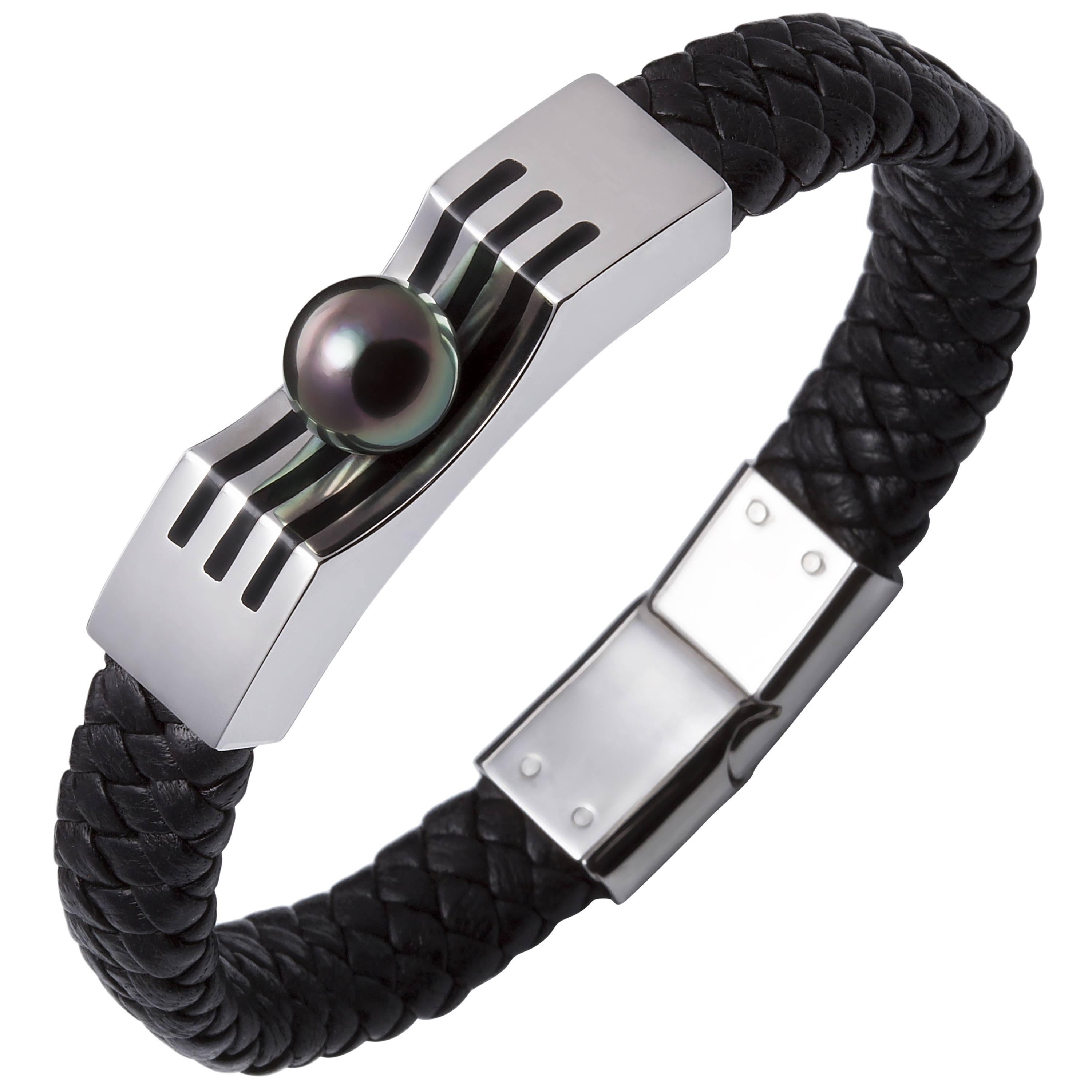 Lust Men's Steel Leather Bracelet with Round Peacock Tahitian South Sea Pearl For Sale