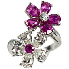 Unheated Burma Ruby Diamond Platinum Red White Flowers Crossover Ring