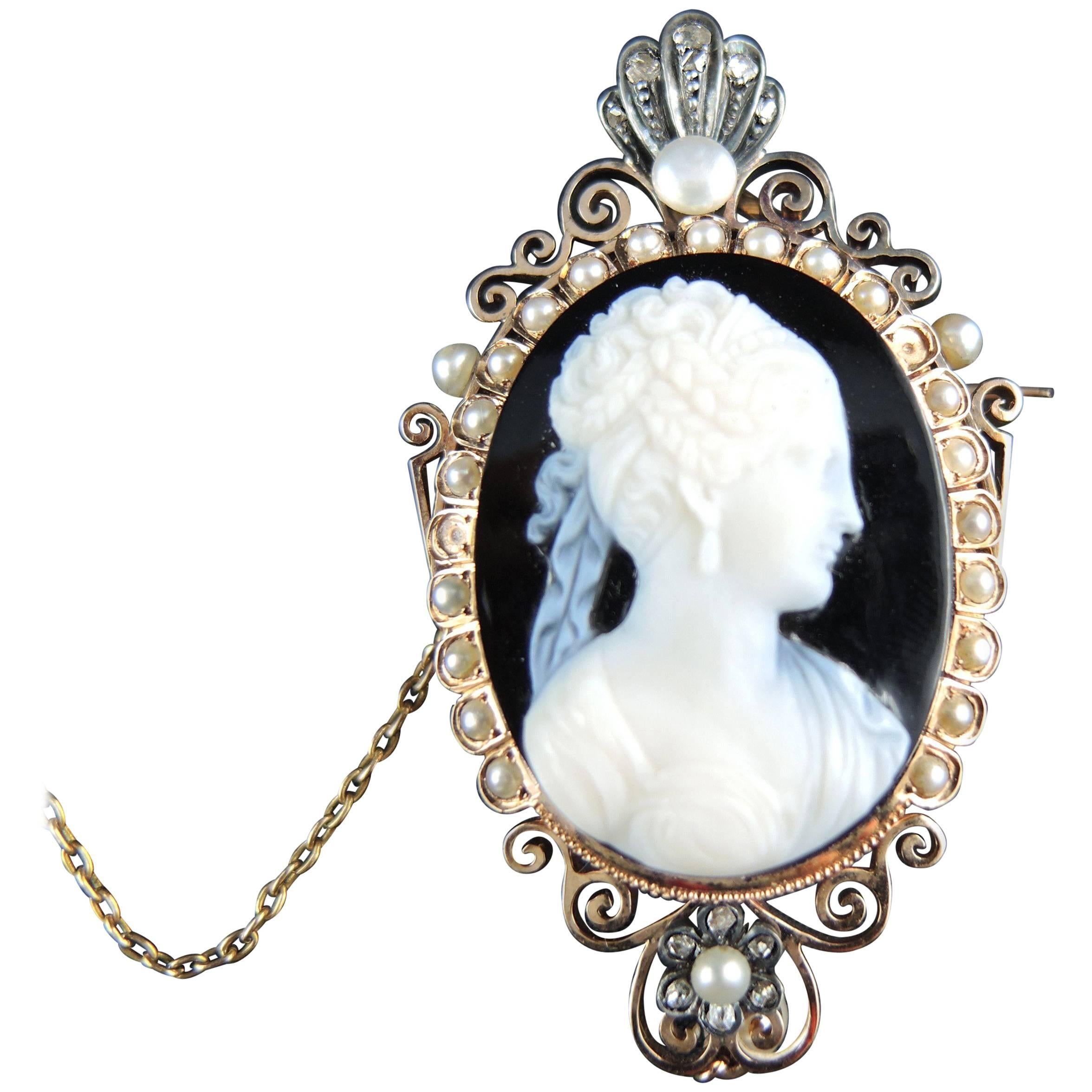 French Cameo Antique Brooch with Natural Pearls and Diamonds