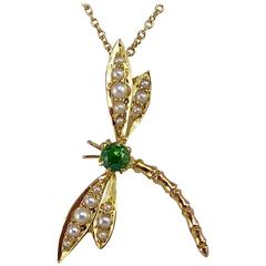 Antique Dragonfly Pendant, Pearl and Demantoid Garnet, Victorian/Edwardian