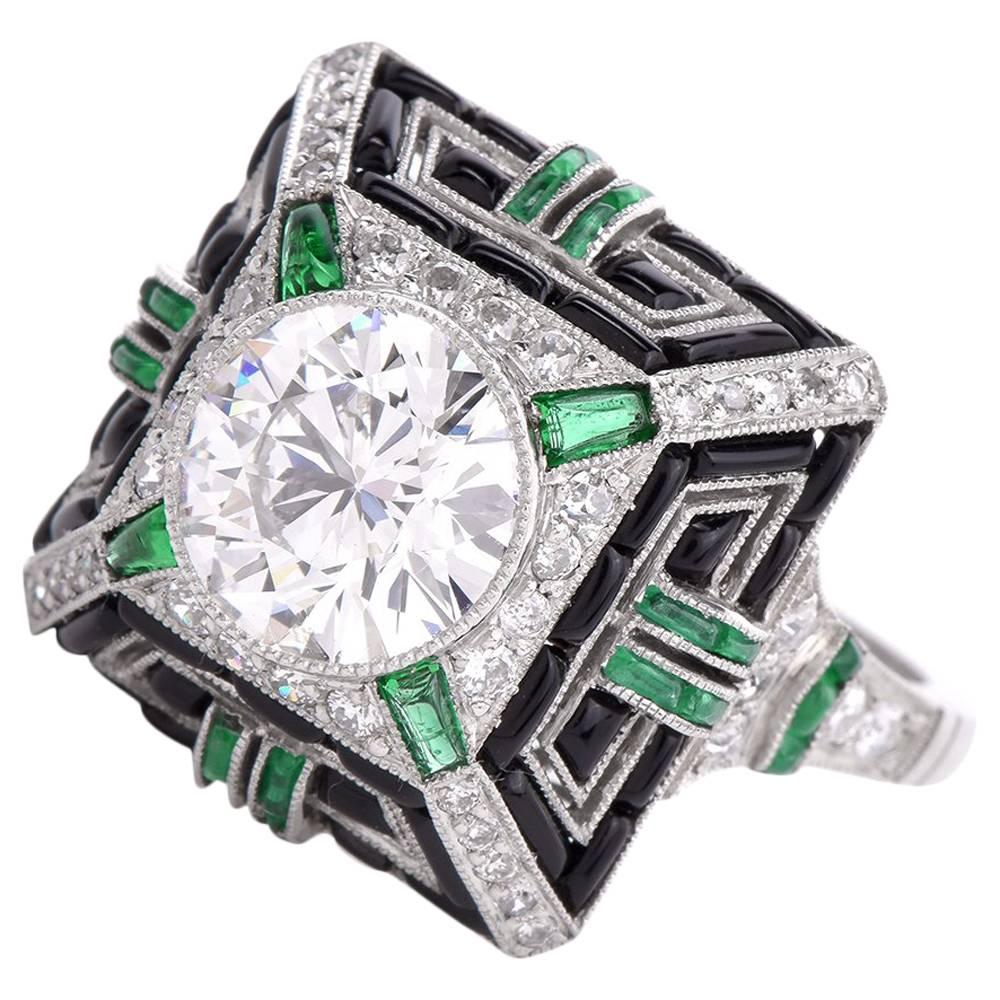 Geometric Diamond Emerald Onyx Platinum Cocktail Ring