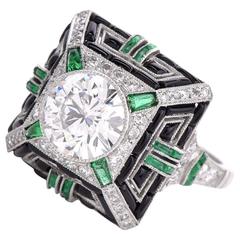 Geometric Diamond Emerald Onyx Platinum Cocktail Ring 10