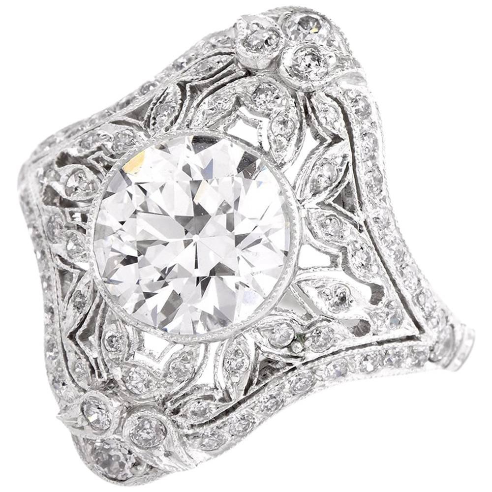Antique 2.25 Carat Diamond Platinum Filigree Engagement Cocktail Ring