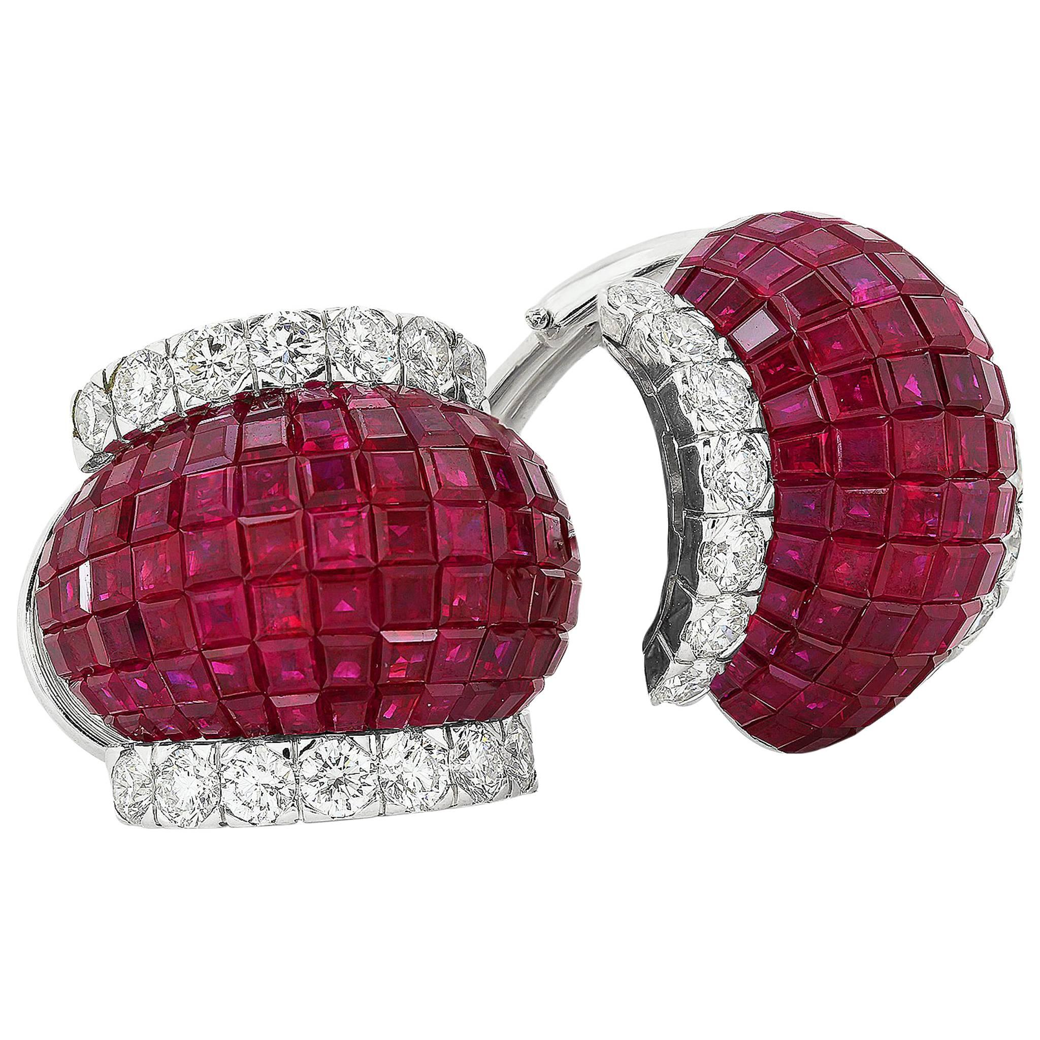 Invisibly Set Ruby Diamond White Gold Earrings For Sale