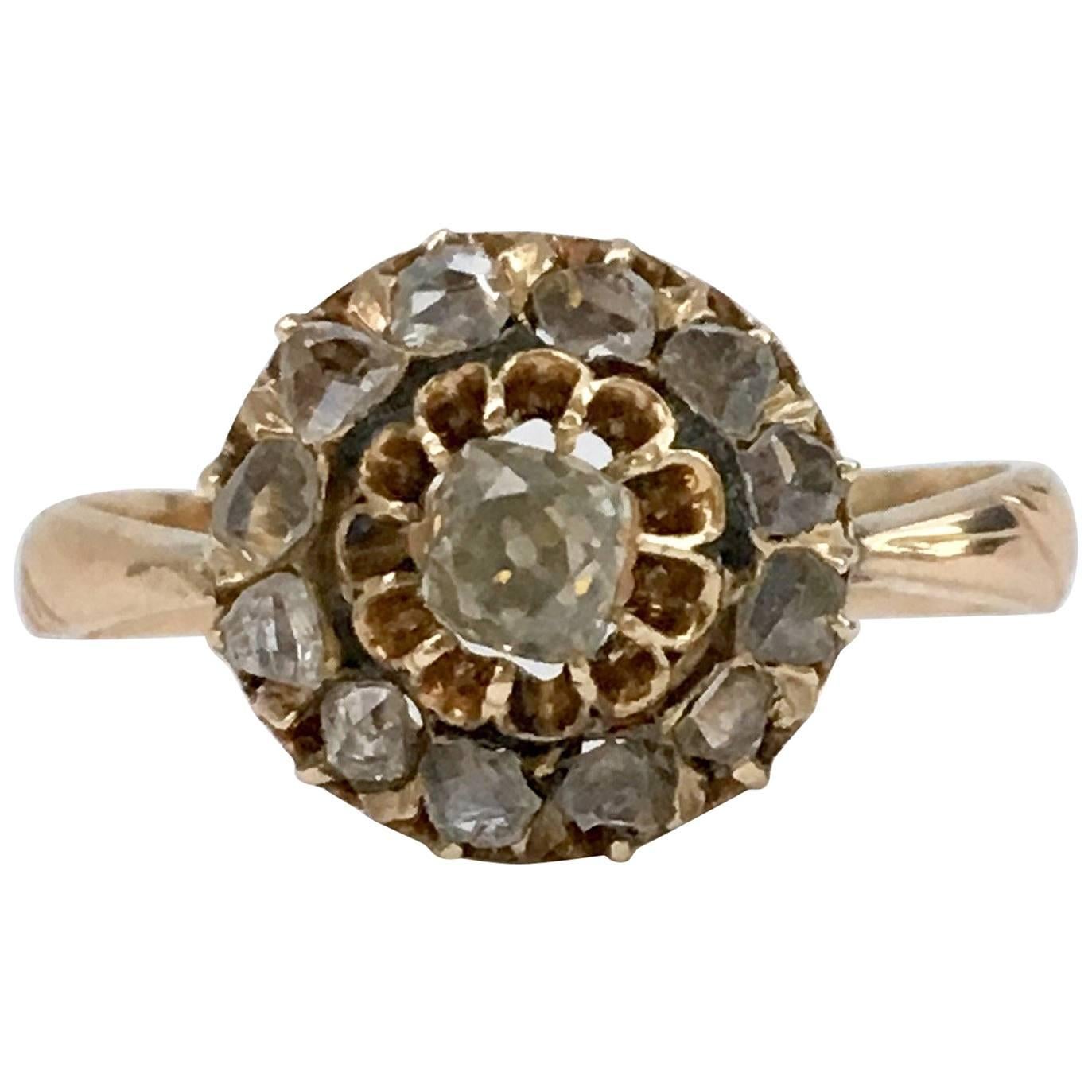 Cushion Cut Diamond Cluster Ring Rose Cut High Carat Gold Antique Russian