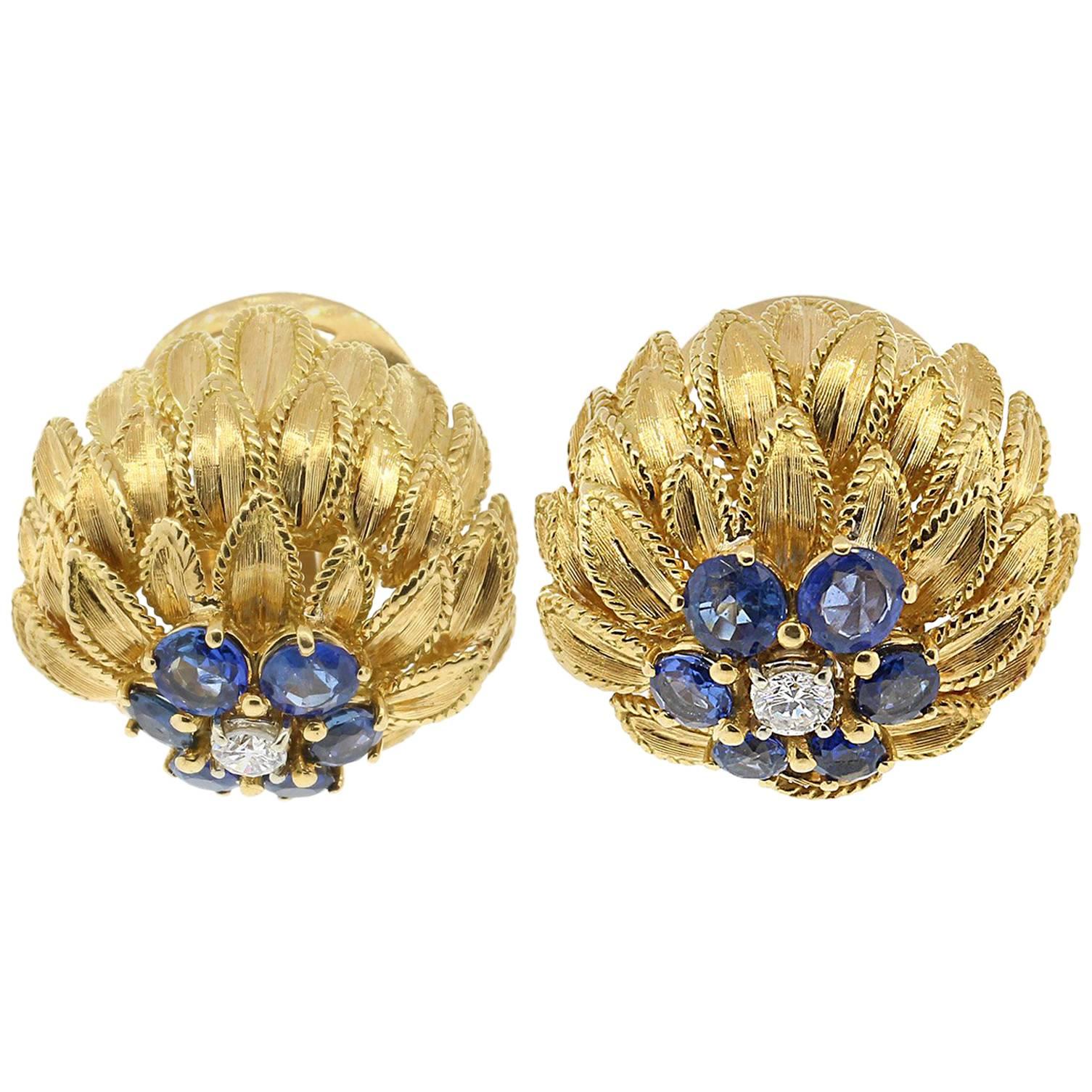 Sapphire Diamond yellow gold leaf cluster Earrings