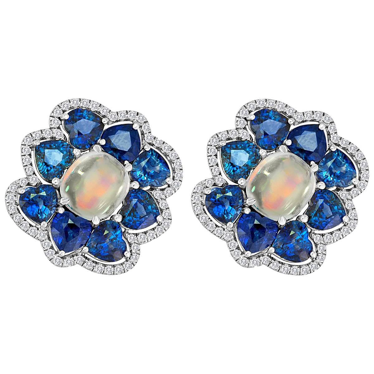 Extraordinary Rainbow Moonstone, Sapphires, Diamond Earrings in 18 Karat Gold