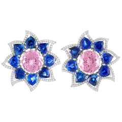 Extraordinary Pink Tourmaline, Blue Sapphires, Diamond Earrings 