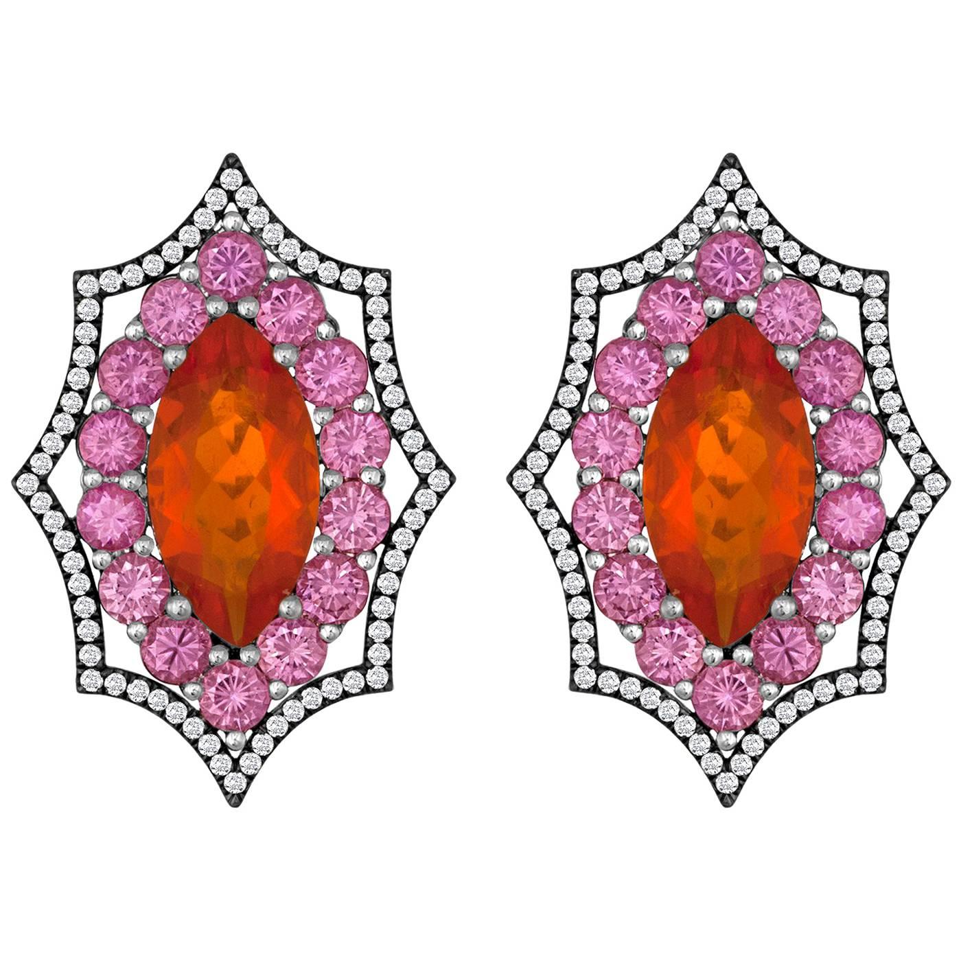 Exceptional Mexican Opal Purple Sapphires Diamond Gold Earrings
