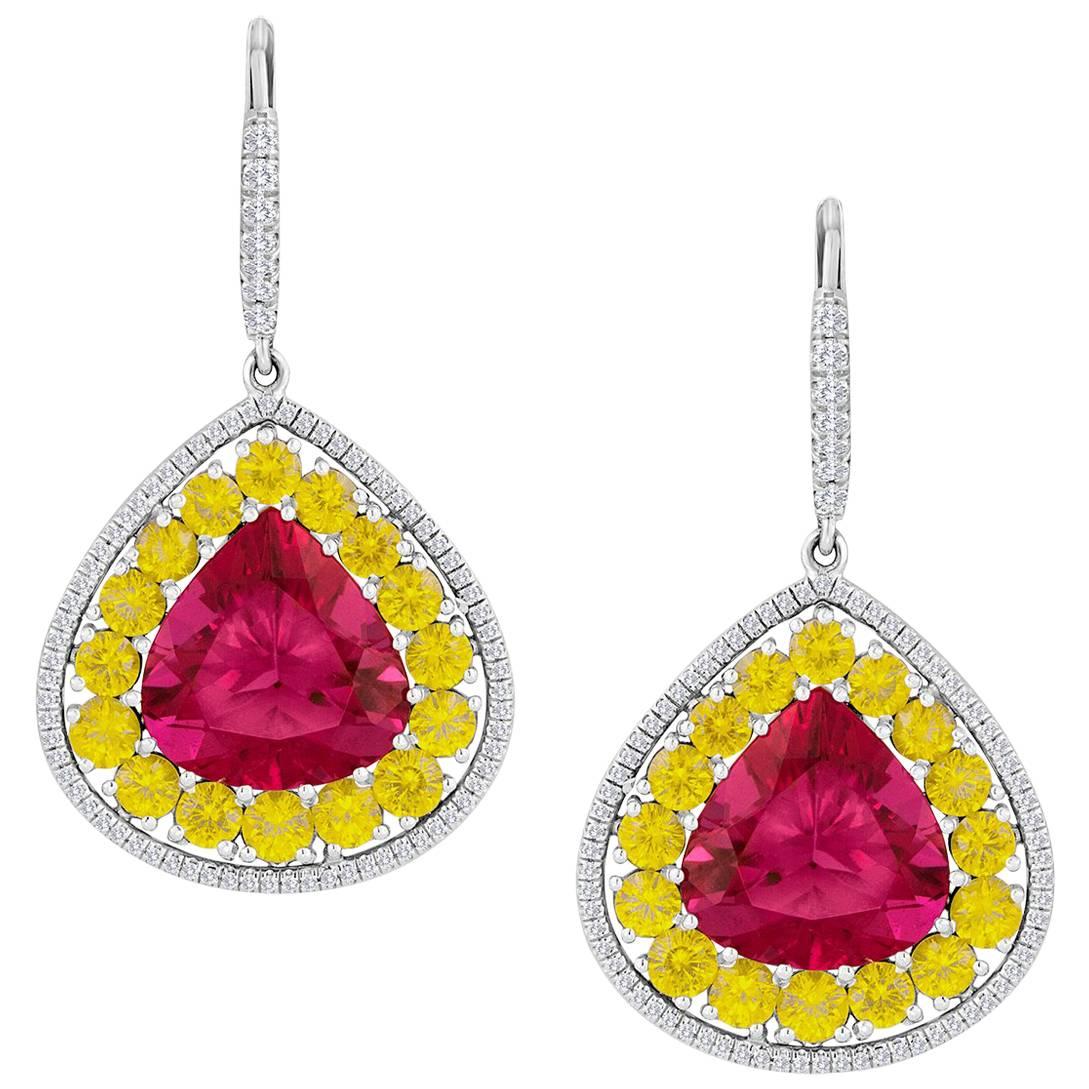 Fabulous Rubelite, Yellow Sapphires and Diamond Earrings 