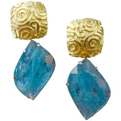 Michael Kneebone Aquamarine Slice Gold Petroglyph Dangle Earrings