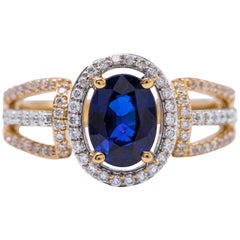 Sapphire Diamond Halo Two Color Gold Engagement Cocktail Ring