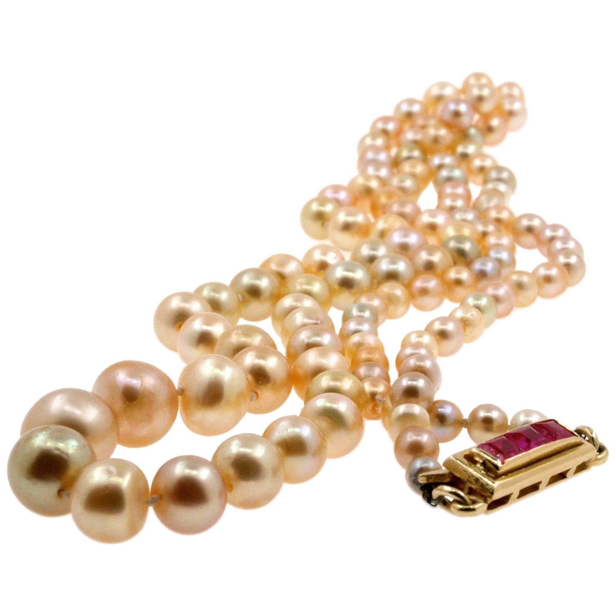 Early 20th Century Certified Natural Saltwater Pearl and Ruby Necklace