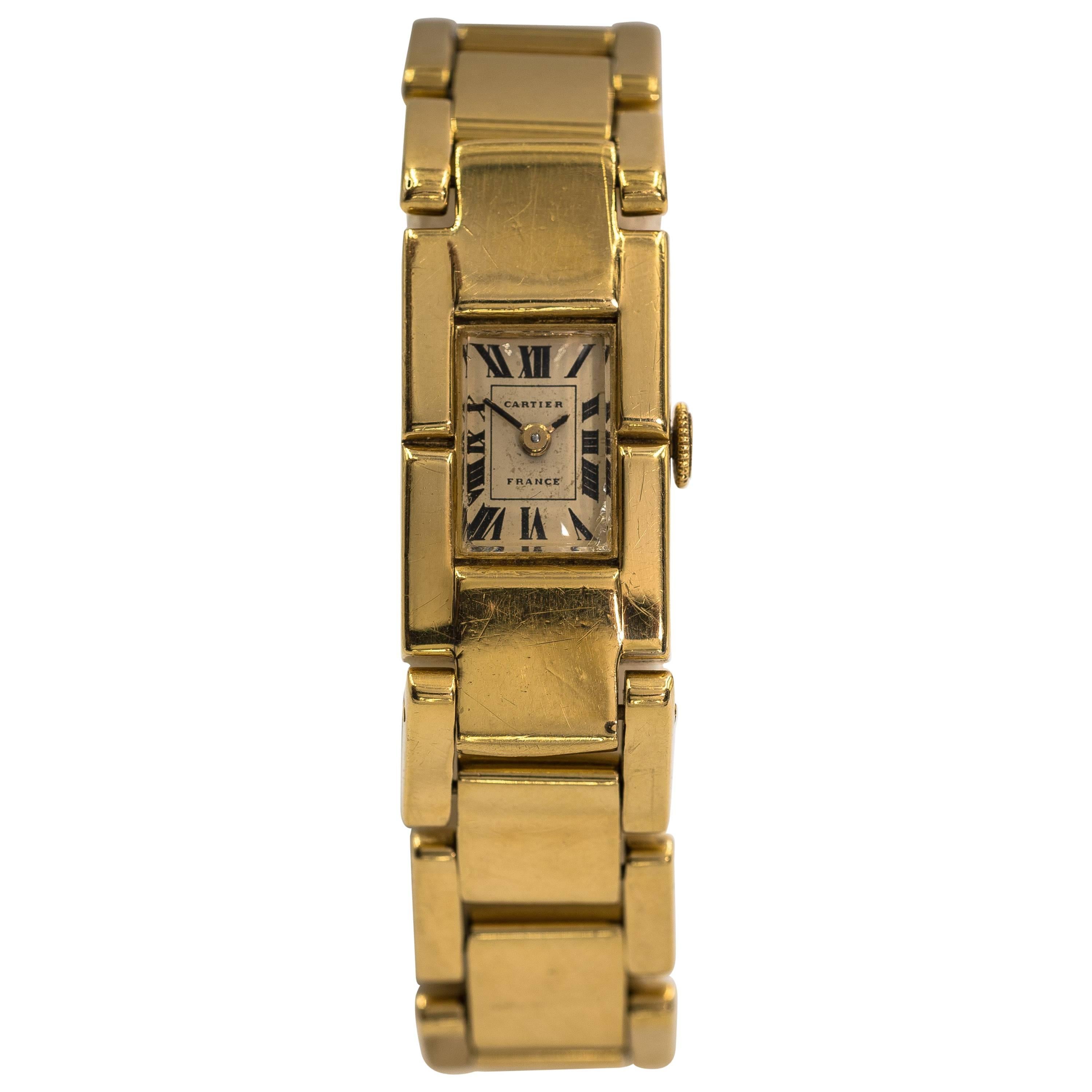 Rare Art Deco Cartier Gold Tank Tread Bracelet Tank Watch