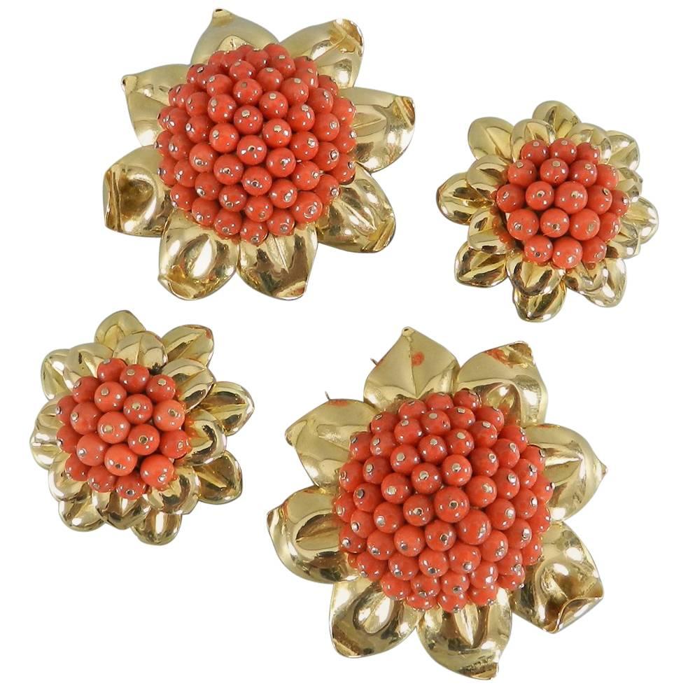 1950s Coral Gold Bead Flower Dress Clips and Earrings Set