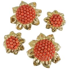 Vintage 1950s Coral Gold Bead Flower Dress Clips and Earrings Set