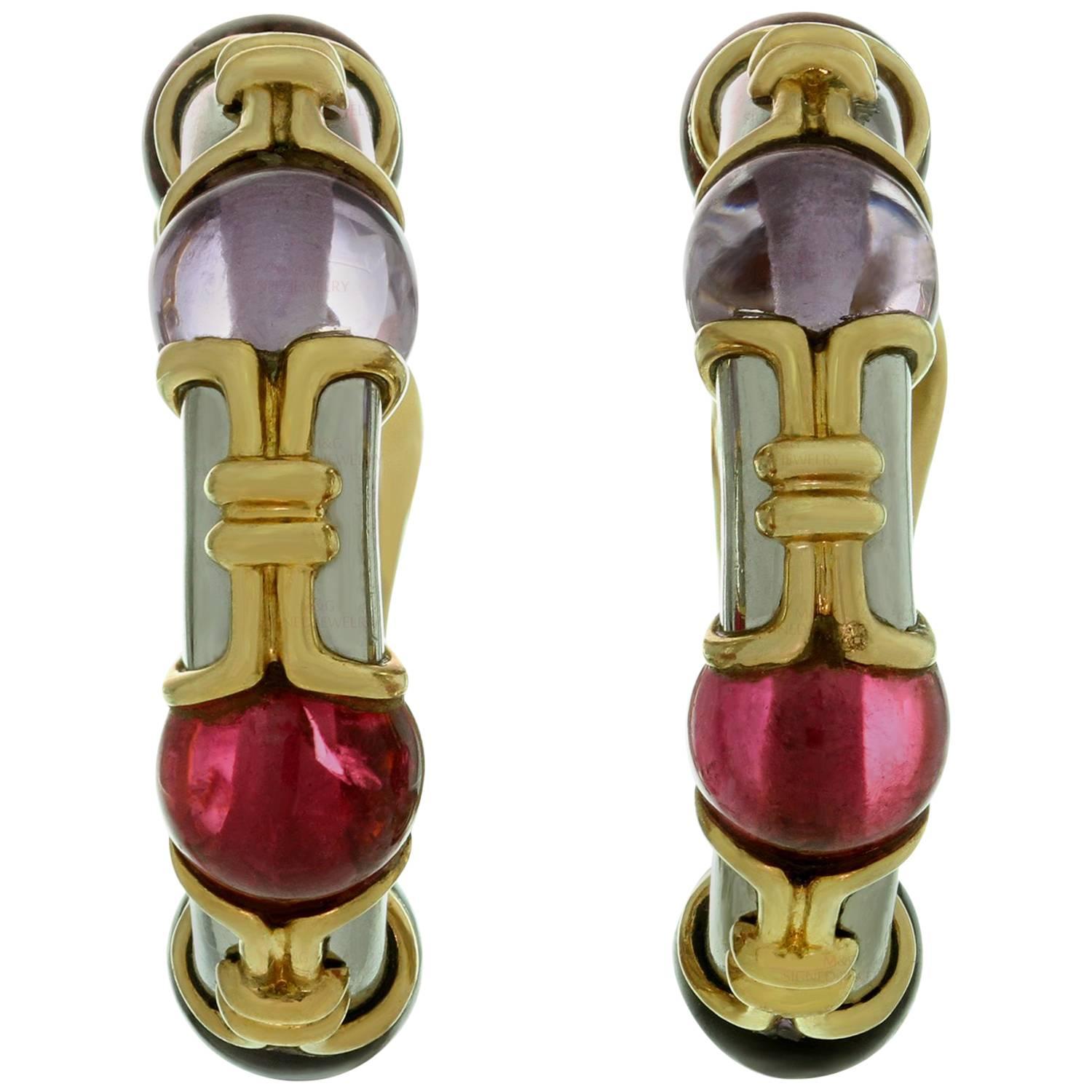 Bulgari Amethyst Pink Tourmaline Two color Gold Clip-On Hoop Earrings