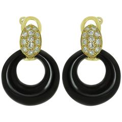 Van Cleef & Arpels Classic Diamond Black Onyx Gold Door Knocker Earrings