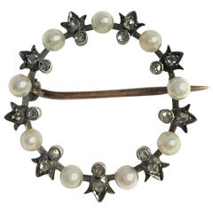 French Antique Diamond and Pearl Silver Gold Brooch