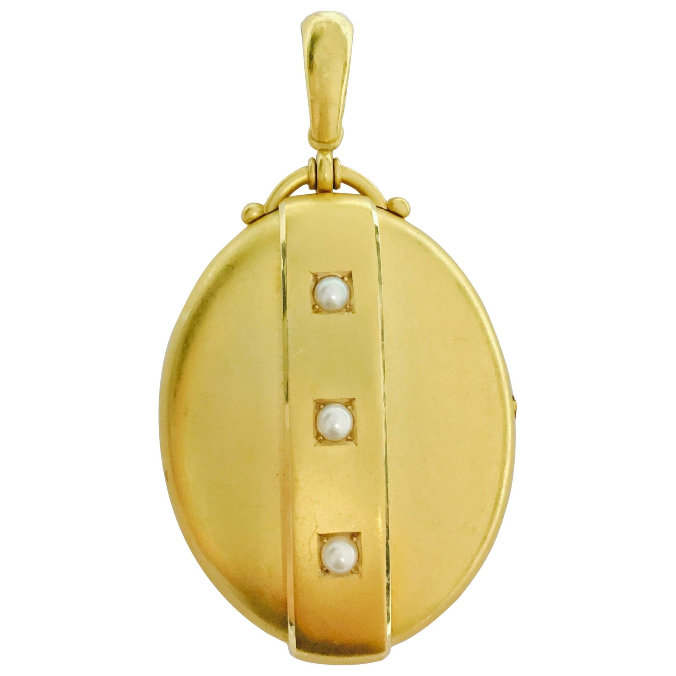 Victorian Pearl and Gold Large Locket Pendant For Sale