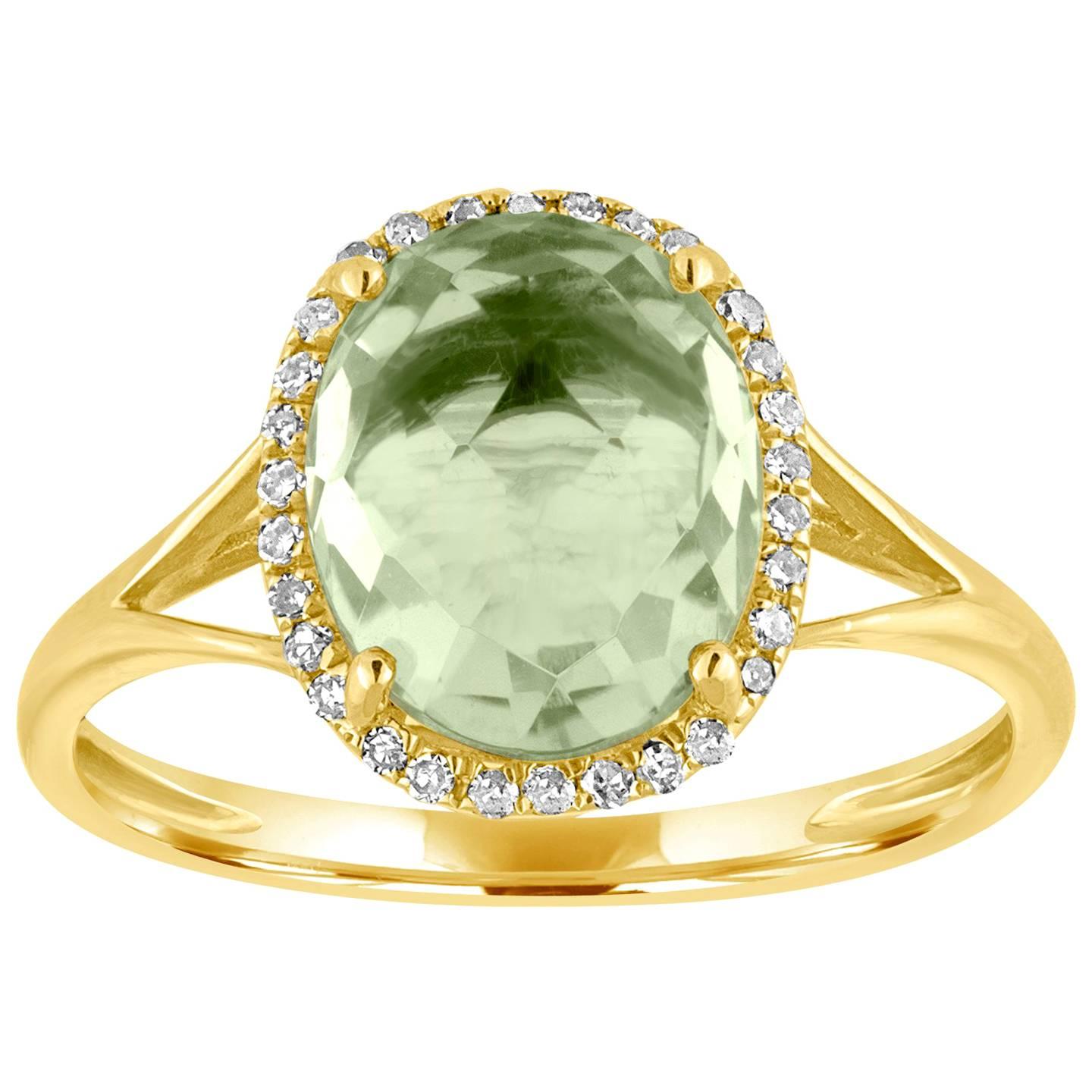 Oval Cut 2.73 Carats Green Amethyst and Diamond Halo Gold Ring