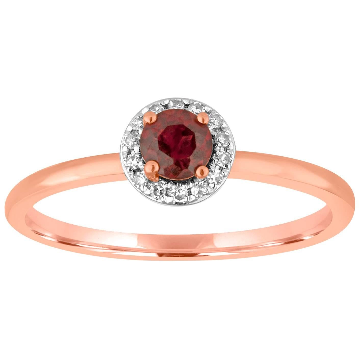 Stackable 0.36 Carats Garnet and Diamond Halo Gold Ring