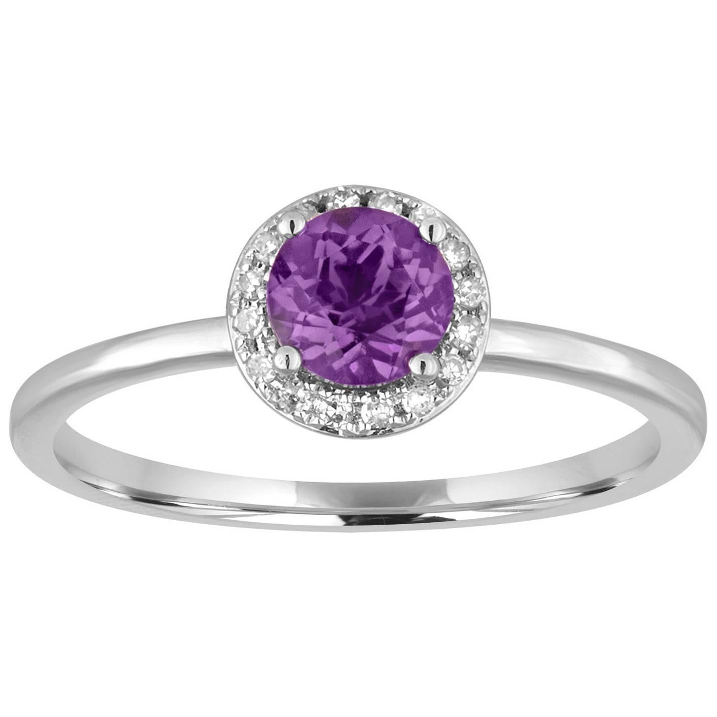 Stackable 0.46 Carats Amethyst and Diamond Halo Gold Ring For Sale