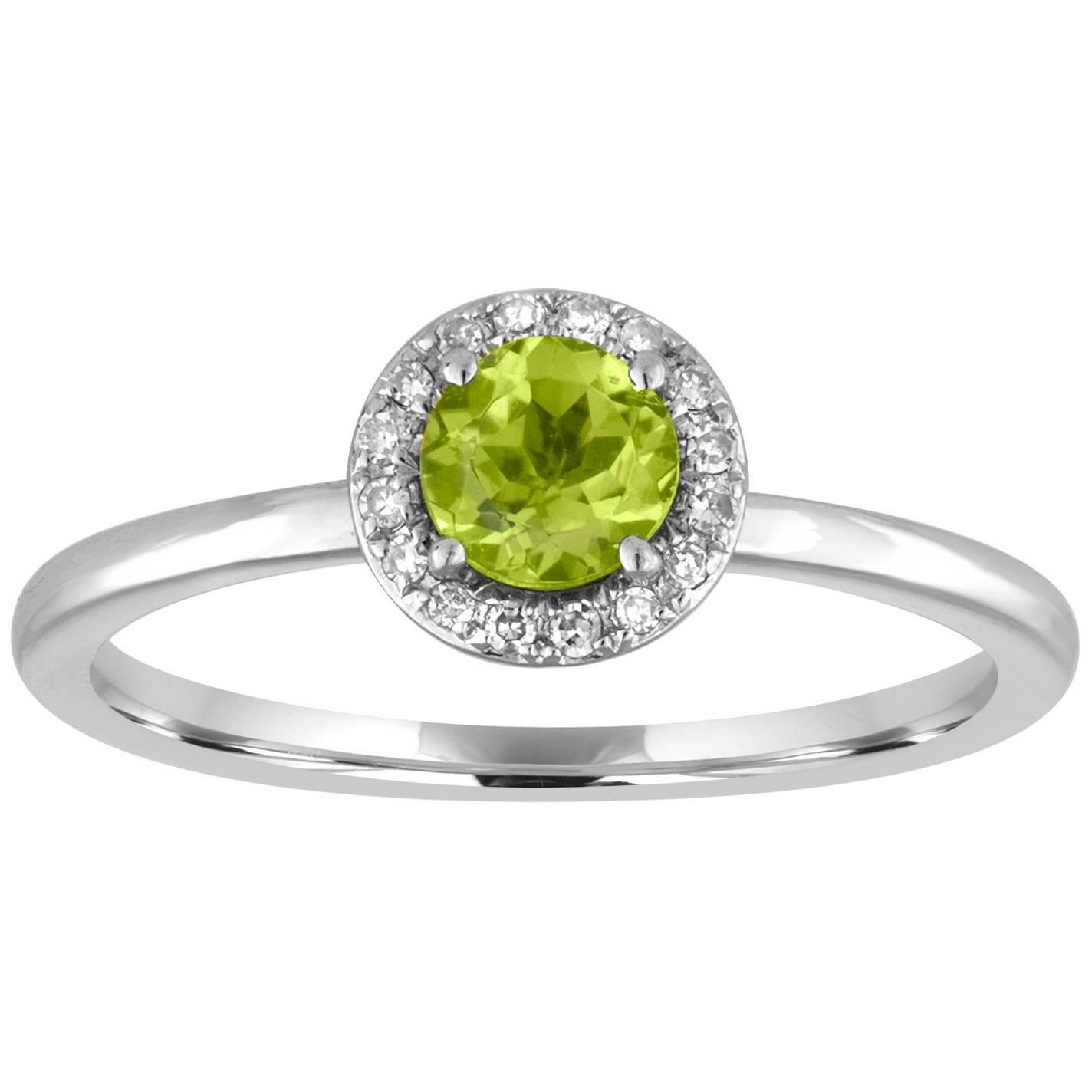 Stackable 0.57 Carat Peridot and Diamond Halo Gold Ring