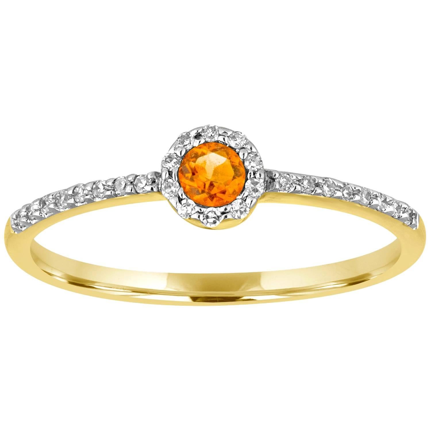 Stackable 0.12 Carats Citrine and Diamond Halo Gold Ring For Sale
