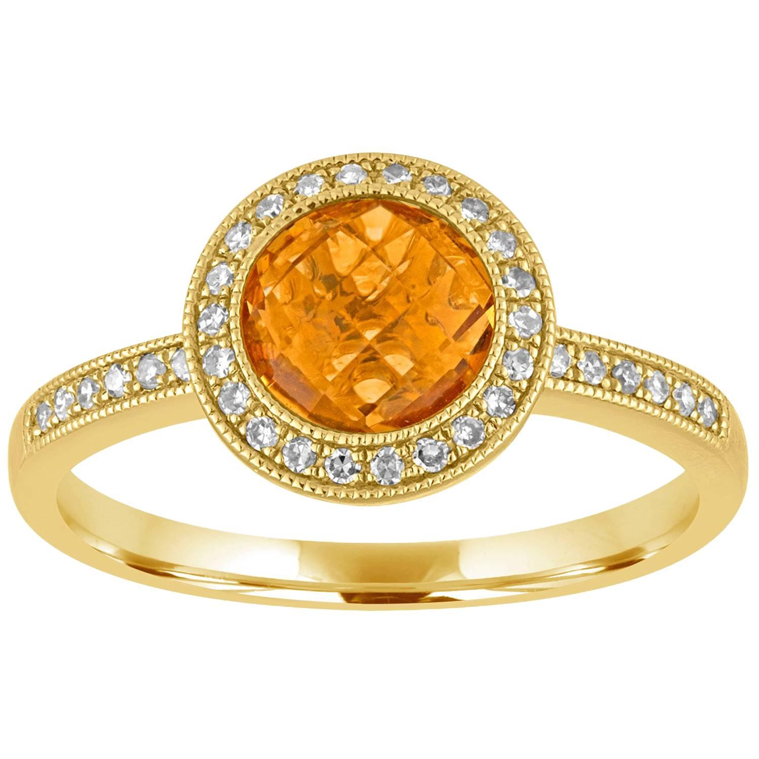 Round 1.38 Carat Citrine and Diamond Halo Milgrain Gold Ring For Sale