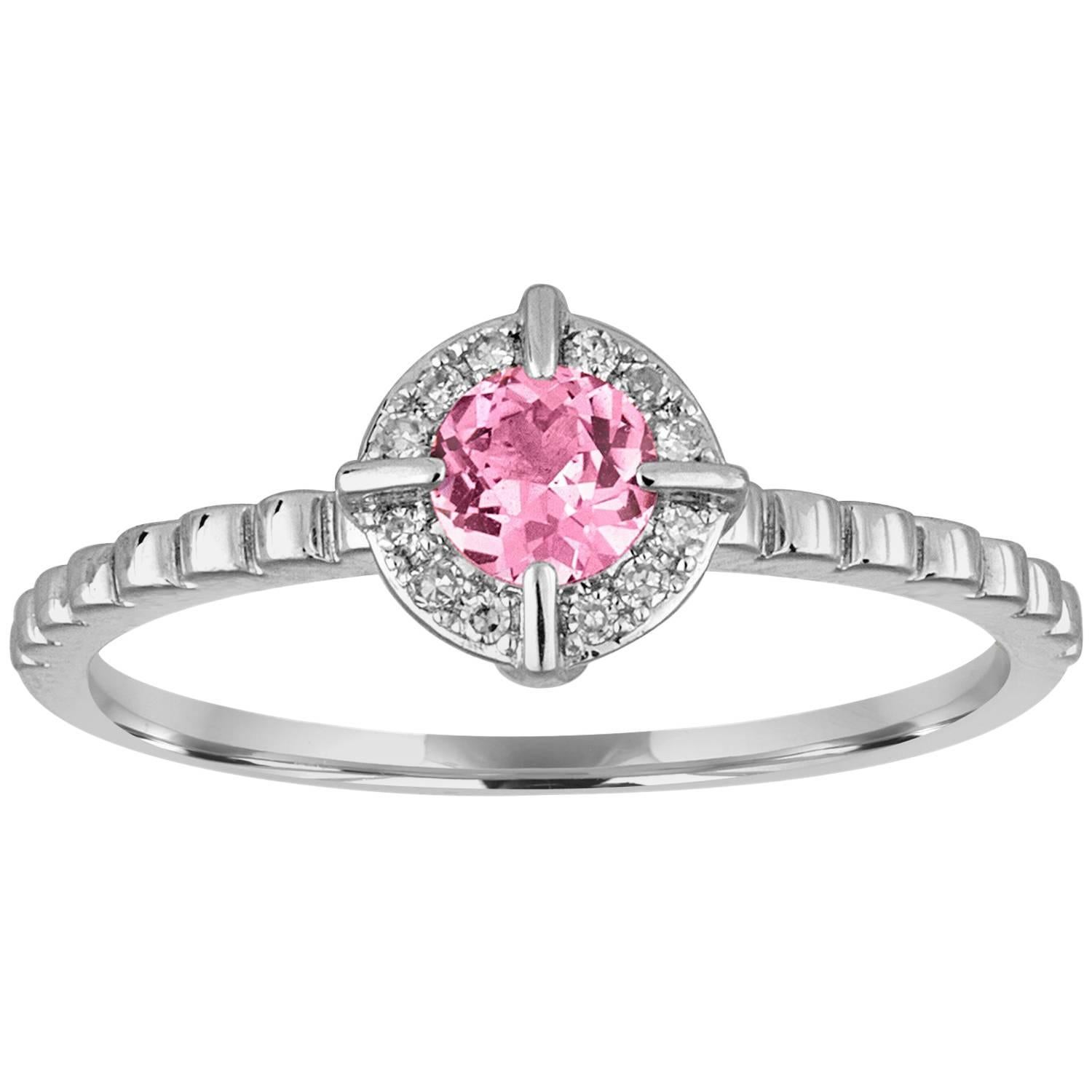 Stackable 0.32 Carats Pink Corundum and Diamond Halo Gold Ring For Sale