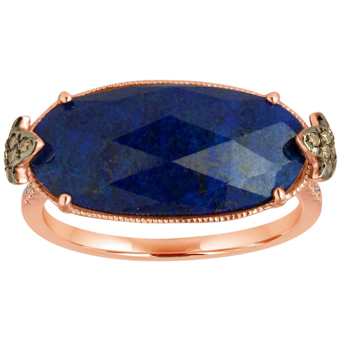 Lapis Lazuli 4.32 Carats Faceted Cabochon and Diamond Gold Ring