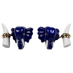 Lapis Lazuli Elephant Heads Diamond Gold Cufflinks